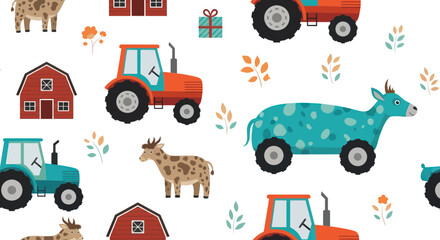 Colorful farm seamless pattern with tractors animals and barns © Teh