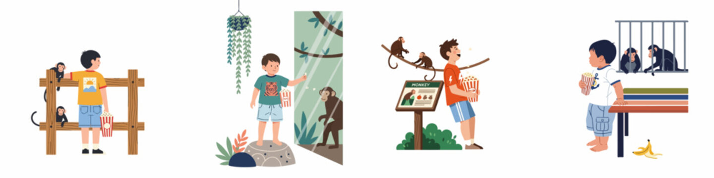 Set of vector illustrations depicting young boys visiting a zoo, observing and interacting with monkeys in different enclosures, while eating popcorn.