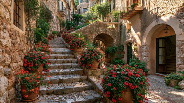 A narrow stone staircase ascending through a charming Mediterranean village, lined with potted red geraniums and historic stone buildings.