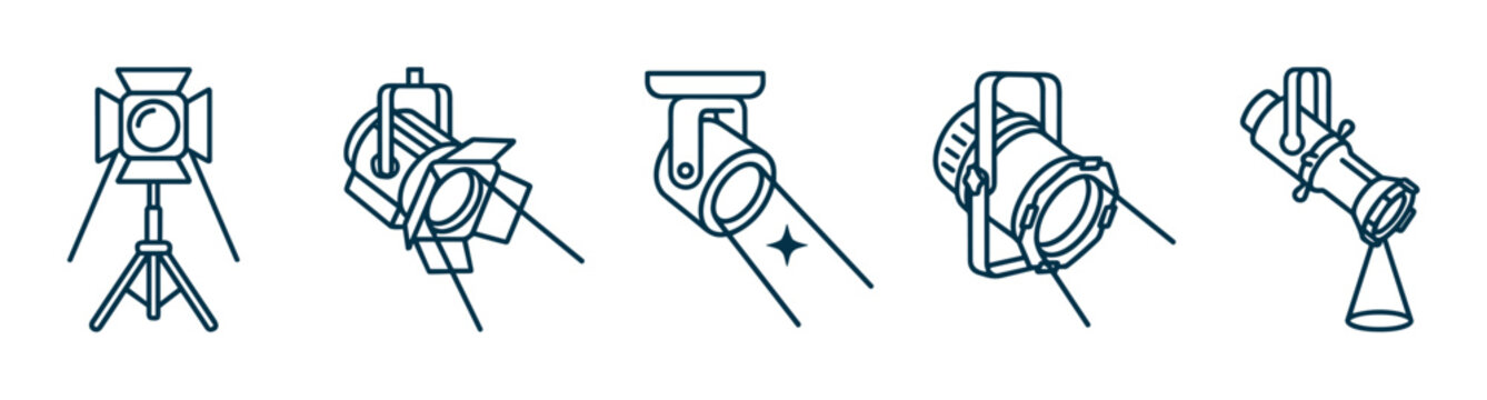 Collection of various stage lights and studio lighting equipment icons depicting professional illumination tools for theatre, film, and live performances in a clean outline style.
