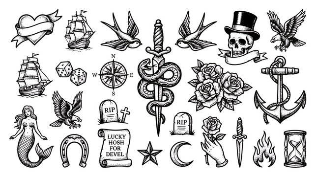 Collection of vintage traditional old school tattoo flash set featuring skull, anchor, eagle and nautical symbols on white background, symbolizing skin art inspiration and representing heritage