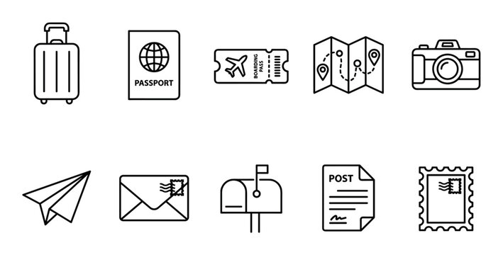 Travel and communication outline icons collection featuring essential elements for journeys and correspondence in a modern linear style.