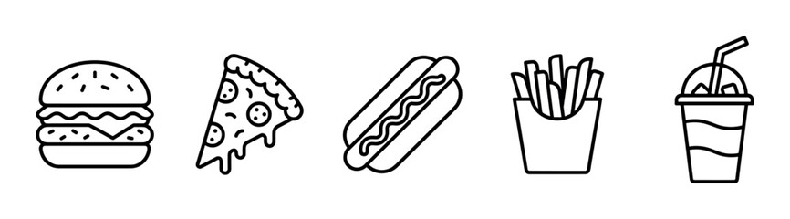 Naklejka premium Fast food icons set featuring hamburger, pizza, hot dog, french fries, and a refreshing cold drink, representing popular quick meal options.