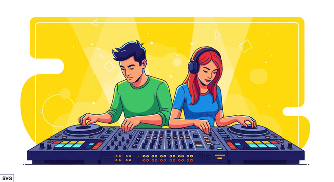 Male and female djs performing music on a professional mixer
