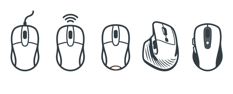 Various computer mice illustrations showcasing different types of input devices for modern technology and digital work environments.