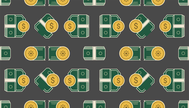 Seamless pattern with dollar bills, stacks of cash, and gold coins on a dark grey background for finance themes.