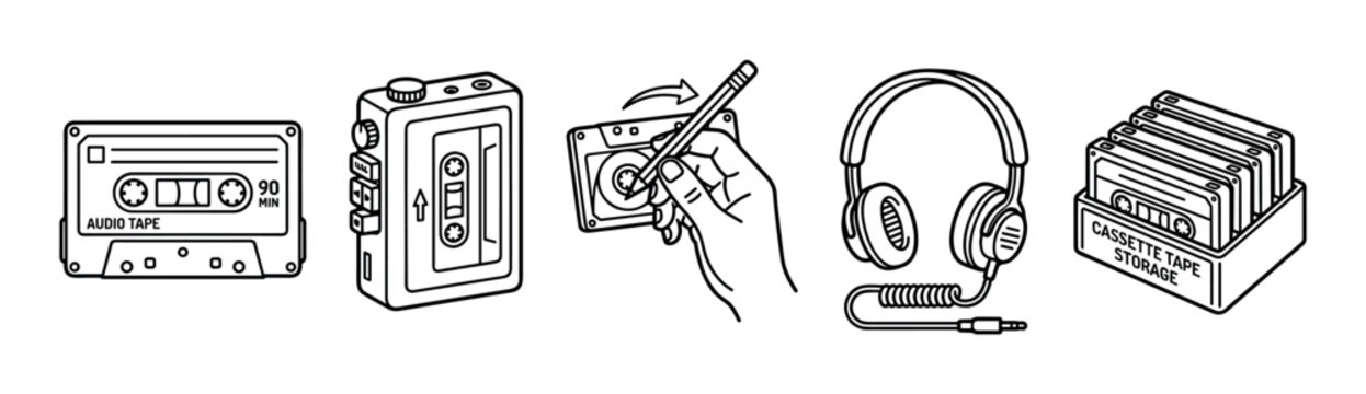 Audio cassettes, portable player, headphones, and storage box represent vintage music technology and retro sound recording devices.