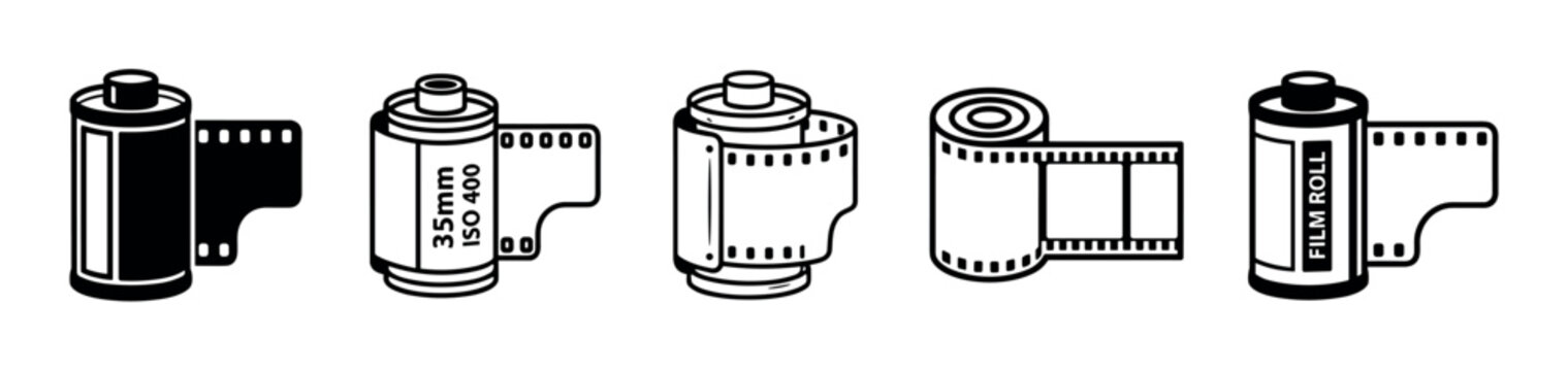 Five different photographic film rolls and cartridges are depicted in a stylized black and white line art illustration, representing vintage photography equipment.