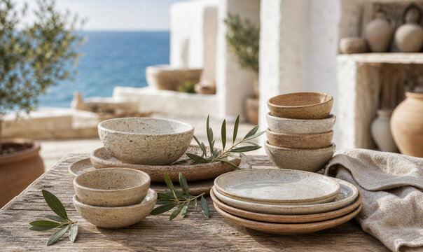 Handmade ceramics on a quiet coastal workshop terrace