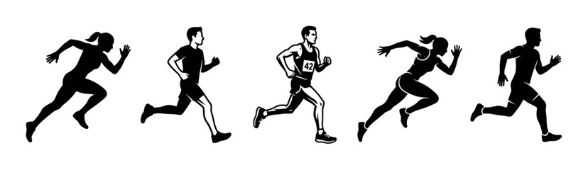 Obraz premium Silhouettes of diverse male and female runners sprinting with dynamic energy, showcasing various athletic poses and active lifestyles.