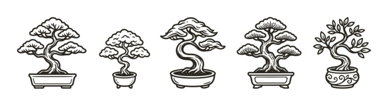 Five stylized hand-drawn traditional Japanese bonsai trees showcasing various artistic forms and potted plant designs in a classic illustration style.