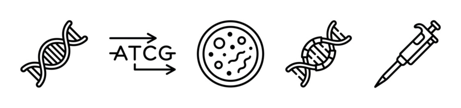 Genetic research icons depicting DNA helix, ATCG code, petri dish, and laboratory pipette representing molecular biology processes.