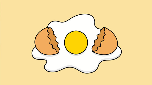 A broken fried egg on a plate with a bright yellow yolk and white background in a simple vector graphic illustration style