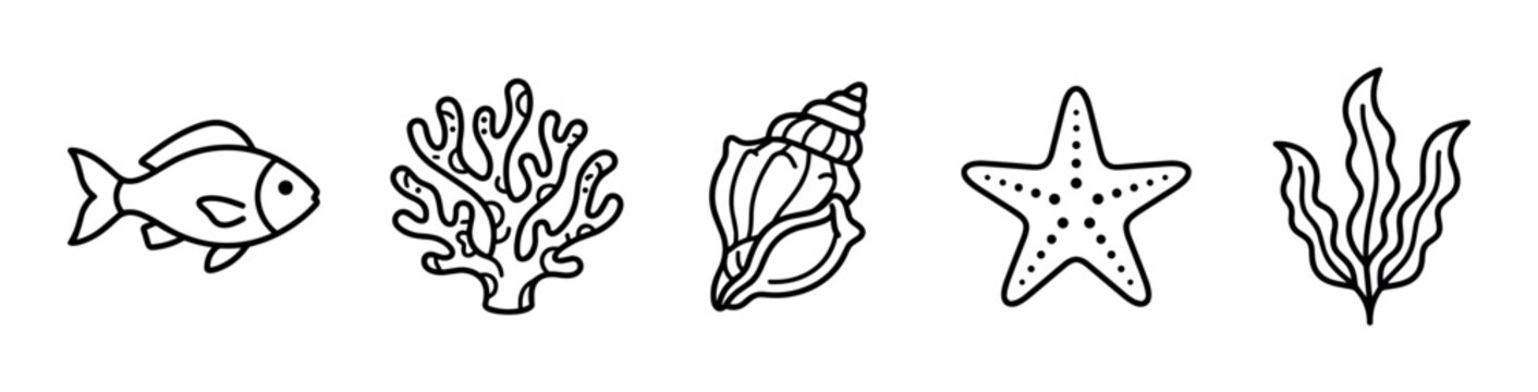 Fish coral seashell starfish seaweed marine life elements in a simple black outline style for ocean-themed designs and aquatic concepts.
