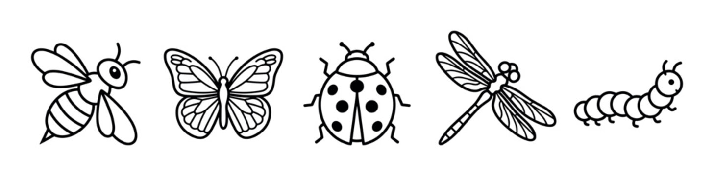 Cute cartoon bee butterfly ladybug dragonfly caterpillar line art drawings set for children's educational activities and coloring pages.