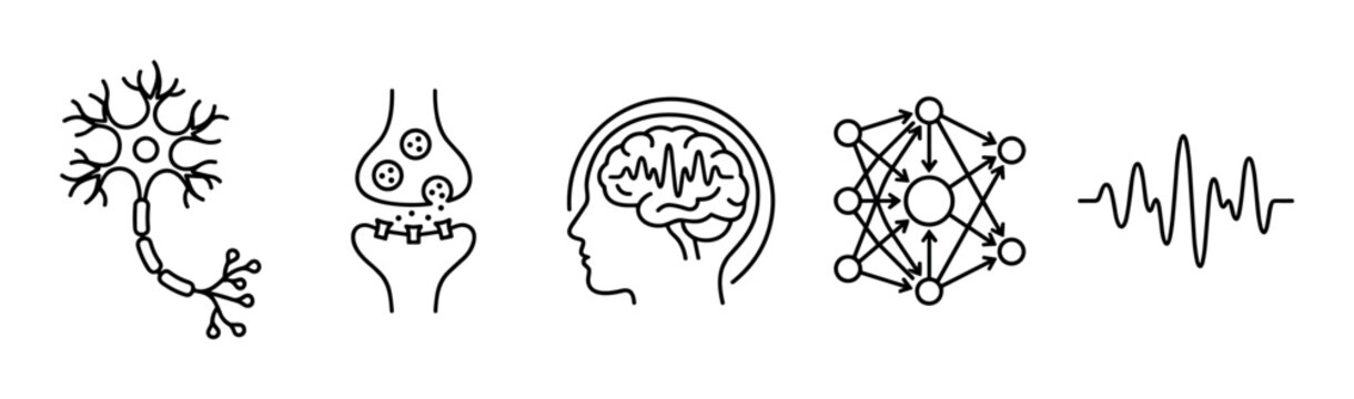 Brain neuron synapse artificial intelligence neural network and brainwave activity concept icons depicting neurological processes and machine learning systems.
