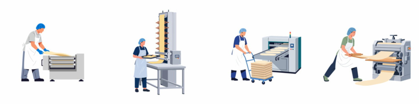 Industrial Bakery Workers Operating Dough Processing Machines and Conveyor Belts in a Professional Food Production Factory Setting