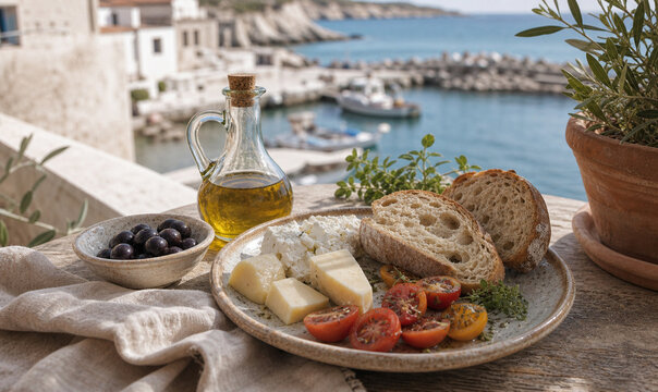 Local coastal breakfast with bread olives cheese and tomatoes