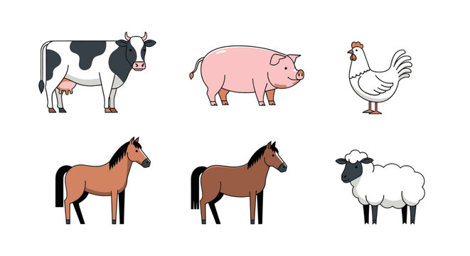 Collection of various farm animals including a cow, pig, chicken, horses, and a sheep on a white background.