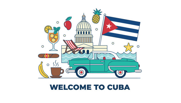 Vibrant travel illustration with the text Welcome to Cuba featuring iconic symbols like a classic car, cigars, coffee, and a tropical beach.