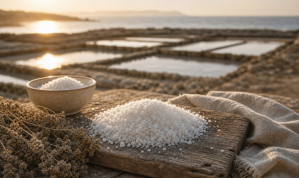 Traditional sea salt still life beside coastal salt pans