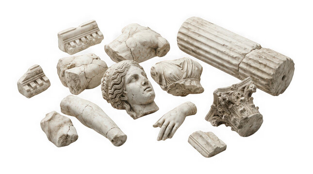 Collection of broken ancient greek statue fragments isolated on transparent background
