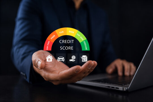 Credit score concept. Online credit score ranking check. student loan, mortgage and payment cards. Businessman touching credit score icons on virtual screen.