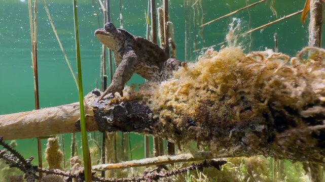 Underwater shot of male Common Toad (Bufo bufo) sitting on a submerged branch in a clear water lake in Estonia.
