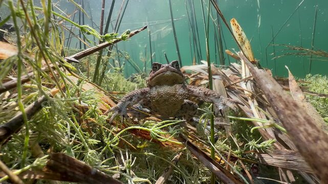 Portrait of of male Common Toad (Bufo bufo) in a clear water lake in Estonia.