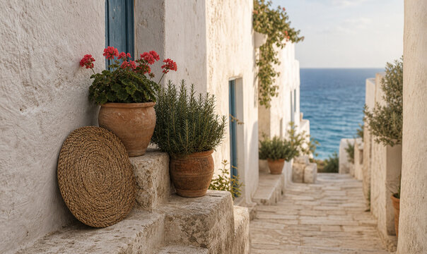 Whitewashed coastal alley with terracotta pots and sea view