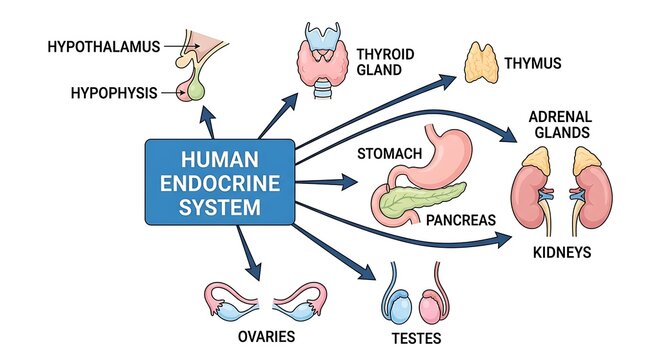 Human endocrine system diagram featuring major glands and organs, endocrine