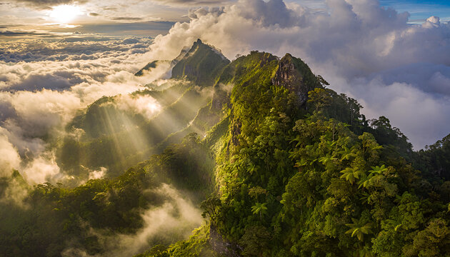 Aerial view of dramatic sunbeams and golden sun rays shining through thick clouds over lush green tropical mountain peaks and forest ridges at sunrise with heavy morning mist