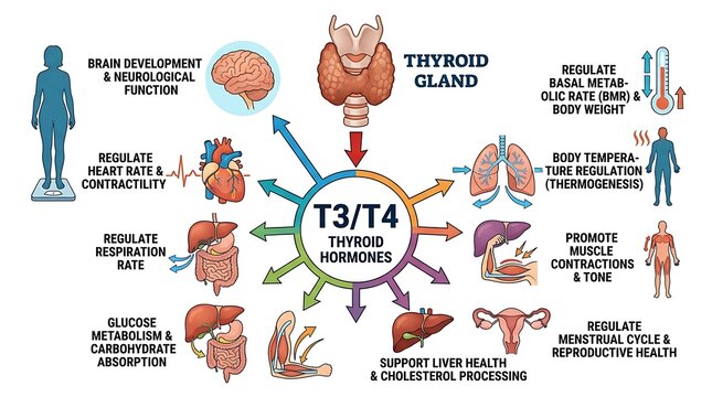 Medical infographic diagram showing functions of t3 t4 thyroid hormones in body