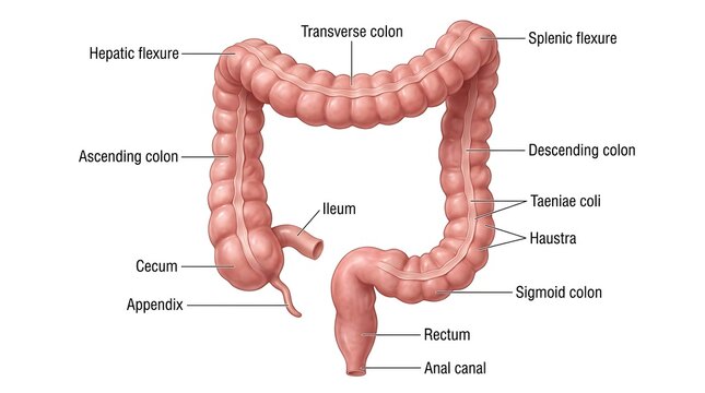 Detailed medical anatomy diagram of human large intestine and colon