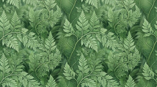 Seamless pattern of green fern leaves for biophilic design featuring intricate fractal botanical foliage texture