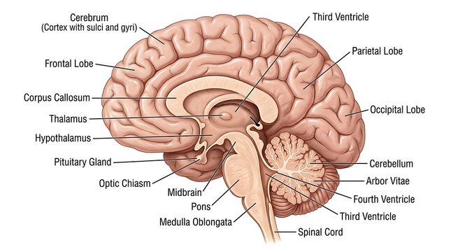 Scientific diagram of human brain anatomy and parts with neurology, biological