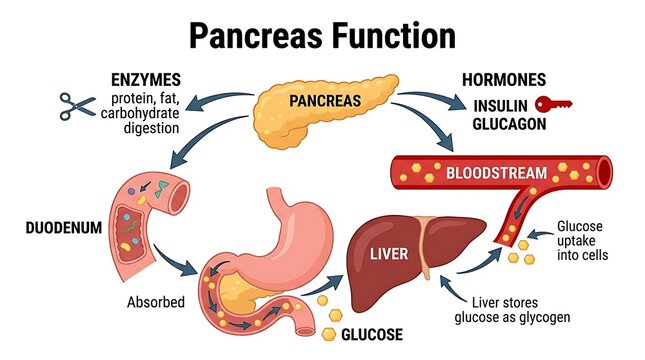 Biological diagram illustrating pancreatic enzyme and hormone function