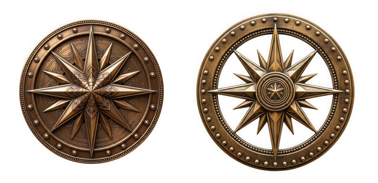 Two decorative bronze vintage compass roses isolated on transparent background