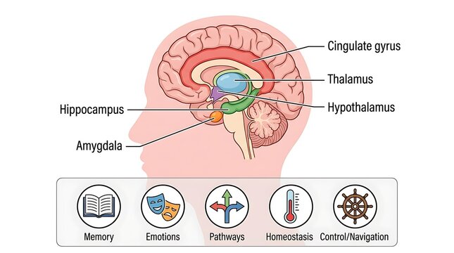 Limbic system brain anatomy diagram and emotional function icons with amygdala