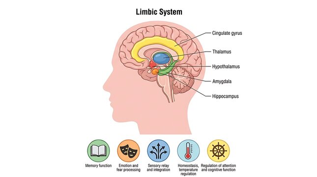Limbic system anatomy diagram with emotional and biological icons, amygdala