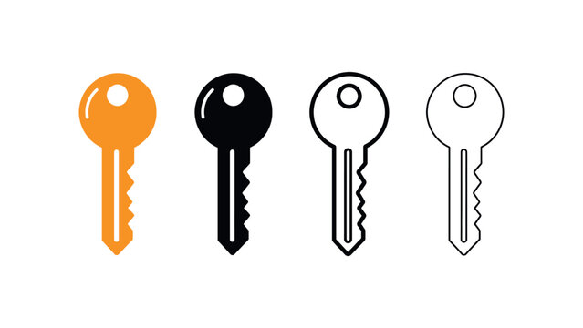 An illustration of four keys in orange, black, white and black outline, and black outline on a white background.