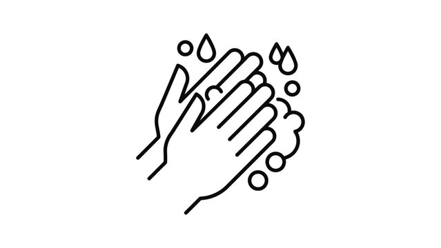 Minimalist outline icon of hands washing with soap and water.