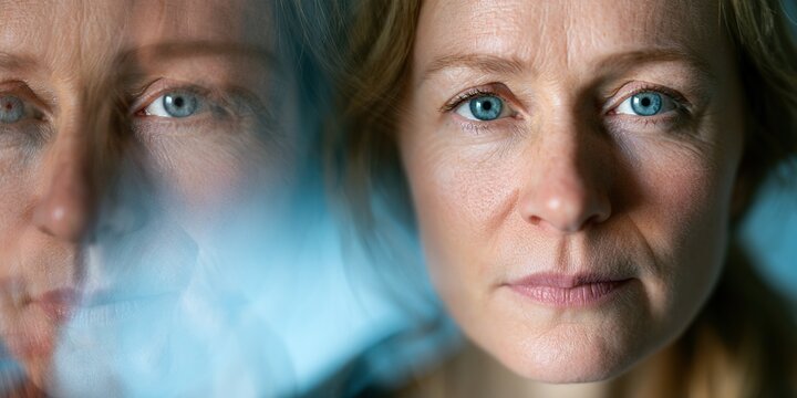 Close-Up Portrait of Woman with Multiple Reflections and Blue Eyes