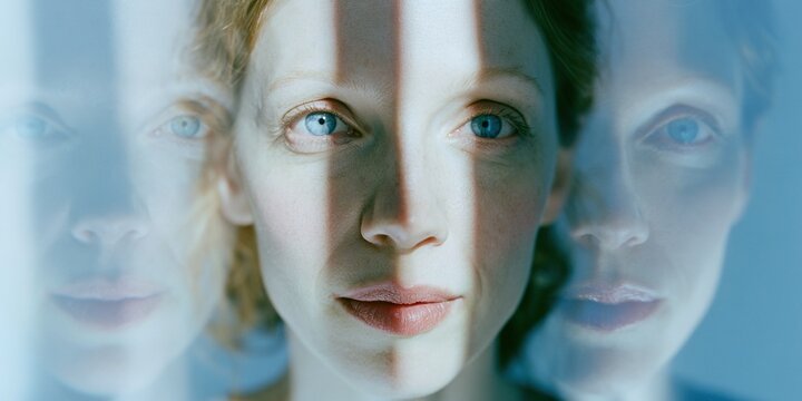 Close-Up Portrait of Woman with Multiple Reflections and Blue Eyes