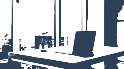 Fototapeta premium Minimalist office desk with laptop and plant, modern workspace, city view through window
