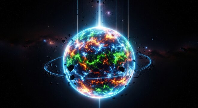 Glowing alien planet with vibrant orange and green surface textures surrounded by a ring of floating dark asteroids in deep space against a dark starry background environment
