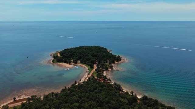 Aerial view of a sunny beach paradise in Croatia with vibrant green trees and clear ocean. Porec, Istria