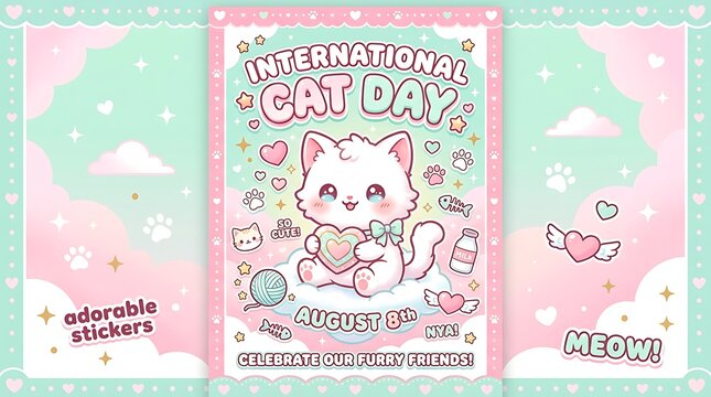 International cat day poster design with kawaii white kitten illustration