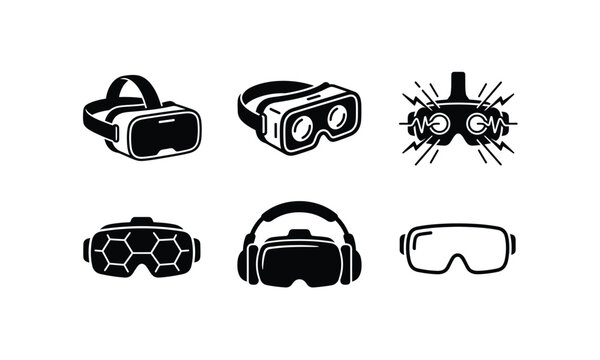 Set of black virtual reality glasses icons, technology symbols.