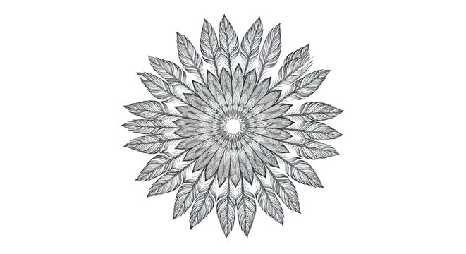 Intricate feather mandala in a circular symmetrical pattern